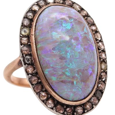 VICTORIAN 1880 Antique Ring In Yellow Gold With 8.95 Ctw In Opal And Diamonds