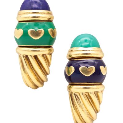 FRED PARIS Vintage Day-Night Clips On Earrings In 18Kt Gold, Lapis & Chrysoprase