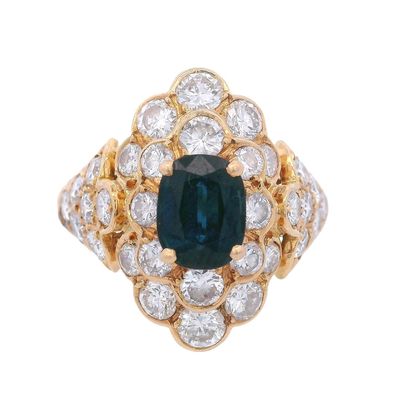 Retro 18K Yellow Gold Cocktail Ring with 2.60 CTW in Blue Sapphire & Diamond