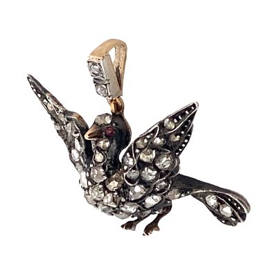 Antique 18K Gold & Silver Pigeon Pendant with Diamonds & Ruby