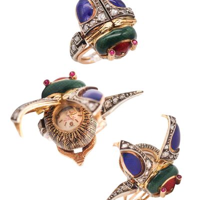 AUSTRIAN HUNGARIAN 1915 Enameled Beetle Watch-Ring In 18Kt Gold & Diamonds