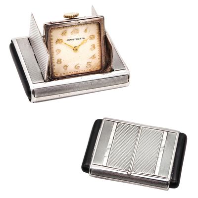 TAVANNES 1929 Art Deco Enamel La Captive Squeeze Travel Clock In .925 Sterling