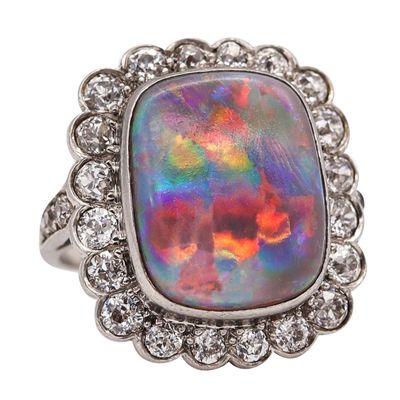 ART DECO 1930 Cocktail Ring In Platinum With 6.12 Cts Australian Opal & Diamonds