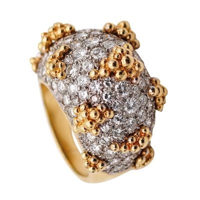 Italian Mid Century Bombe Cocktail Ring In 18Kt Gold Platinum With 5.30 Ctw Diamonds