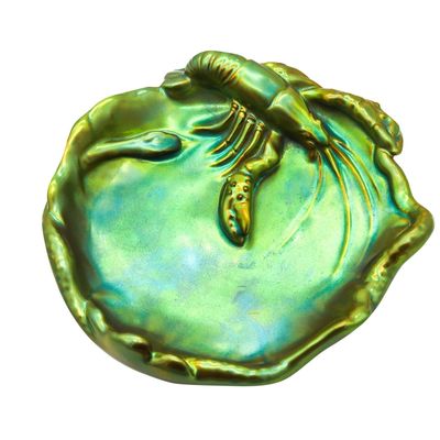ZSOLNAY 1915 Hungary Nouveau Dish Lobster & Snake Eosin Iridescent Green Glazed