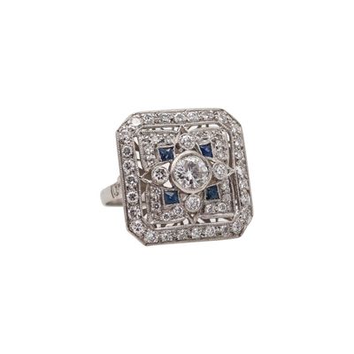 Art Deco 1935 Square Ring In Platinum With 1.89 Ctw In Diamonds And Sapphires