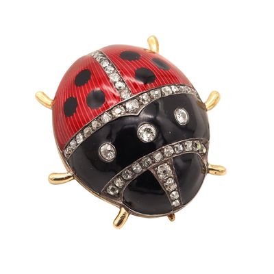 ANNA RINGE For FABERGE 1908 Large Enameled Ladybug Brooch 14Kt Gold & Diamonds