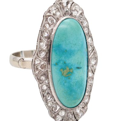 EDWARDIAN 1905 Cocktail Ring In Platinum With 14.16 Ctw Turquoise & Diamonds