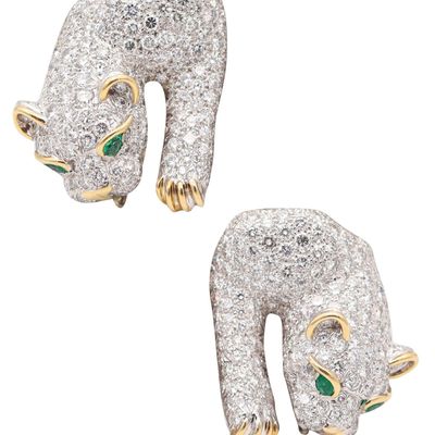 DAVID WEBB Panther Clips-On Earrings In Platinum With Diamonds & Emeralds