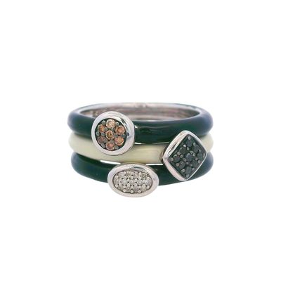 Sterling Silver Enamel Ring Set with Champagne, Black & White Diamonds