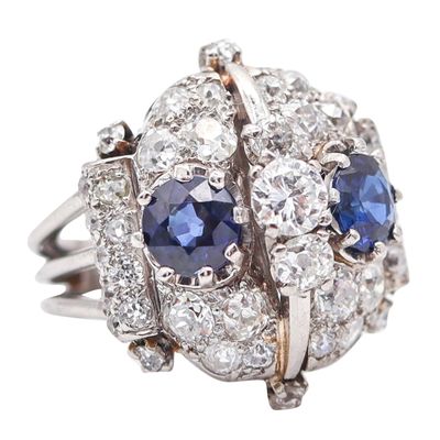 FRENCH 1925 Art-Deco Platinum Cocktail Ring With 4.88 Ctw Sapphires & Diamonds