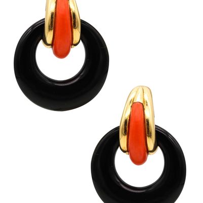 MODERNIST 1970 Convertible Clips Earrings In 18Kt Yellow Gold With Coral & Onyx