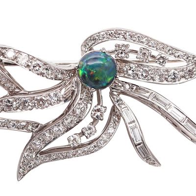 MID CENTURY 1950 Pendant Brooch In Platinum With 5.64 Ctw In Diamonds And Opal