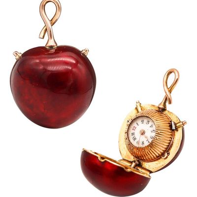 Swiss 1915 Enamel Cherry Shaped Miniature Pendant Watch In 18Kt Gold Bezel Wind