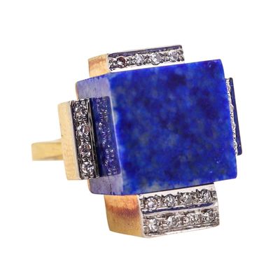 ROGER LUCAS 1970 Cubism Geometric Ring In 18Kt Gold With Lapis & Diamonds