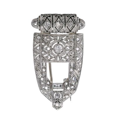 Art Deco Platinum & 18K White Gold Filigree Pin with Diamonds
