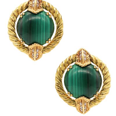 CHAUMET 1970 Paris Clips-On Earrings In 18Kt With 24.96 Cts In Diamonds & Malachite