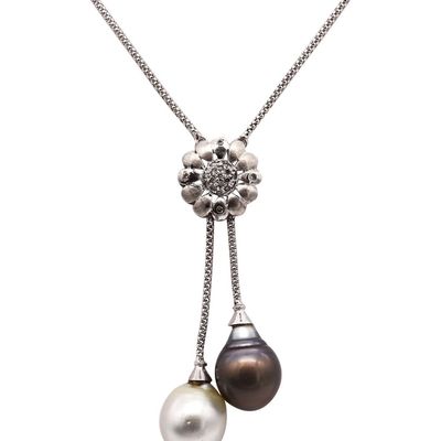 UNOAERRE Lariat Necklace In 14Kt Gold Diamonds Black & White South Sea Pearls