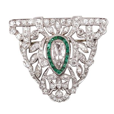 Art Deco 1930 Pendant Brooch In Platinum With 5.01 Ctw In Diamonds And Emeralds