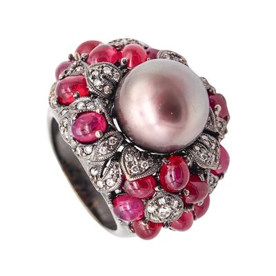 MIKIMOTO Tahitian Pearl Cocktail Ring In 18Kt Gold With 9.33 Ctw Rubies & Diamonds