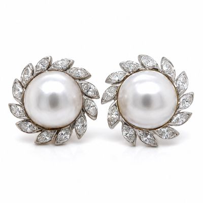Mid-century 14K White Gold Earrings with 5.50 CTW in Diamond & Mabe Pearl