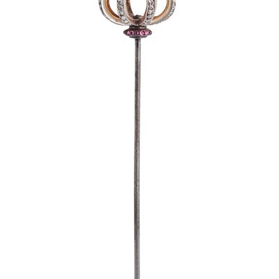 EDWARDIAN 1900 Stick Pin In 18Kt Gold Platinum Diamonds Rubies & Moonstone