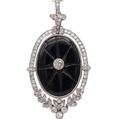 BELLE EPOQUE 1900 Edwardian Necklace In Platinum Diamonds, Onyx & Natural Pearl