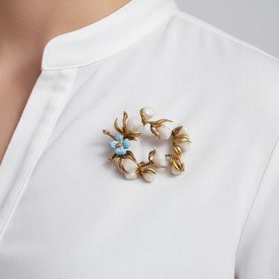 14K Yellow Gold Art Nouveau Brooch with Pearl, Diamond & Enamel