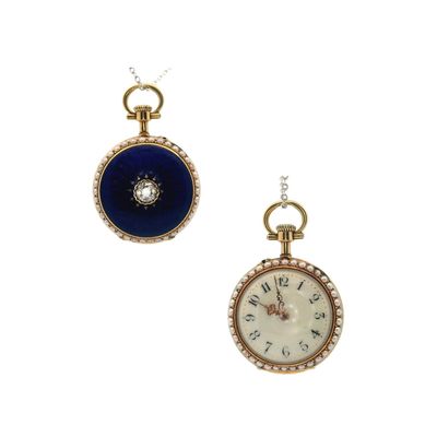 18K Yellow Gold Guilloché Enamel Pocket Watch with 0.35 CTW in Diamond & Seed Pearl