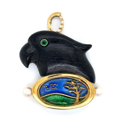 A. KIM 18K Yellow Gold Pendant with Wood & Enamel
