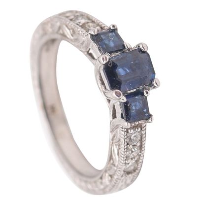 ART-DECO Revival Ring In 14Kt Yellow Gold With Blue Sapphires & VS Diamonds