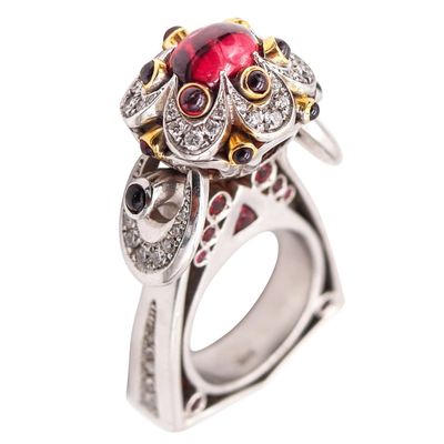 ALEKSANDER CHULYAKOV Geometric Cocktail Ring In 18Kt Gold With Gemstones