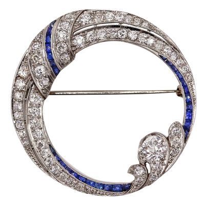 Hayden W. Wheeler & Co 1930's Art Deco Brooch In Platinum With 4.33 Cts In Diamonds & Sapphires