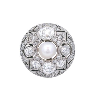 Art Deco Platinum Ring with 1.80 CTW in Diamond & Pearl