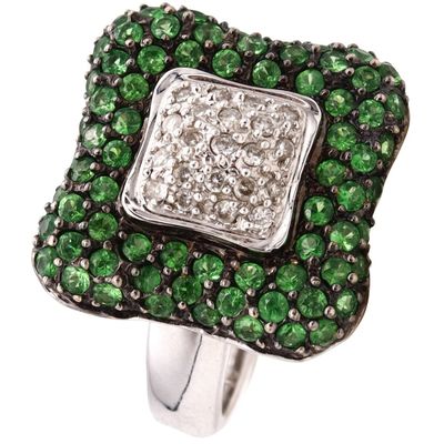 ITALIAN Modern Ring In 18Kt White Gold With 2.34 Cts In Diamonds And Tsavorites