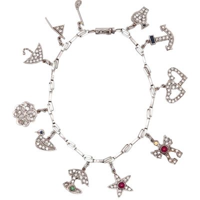 Art Deco 1930 Eleven Charms Bracelet In Platinum Enamel With 3.48 Ctw In Diamonds And Gems