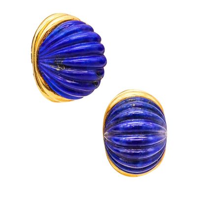 MODERNIST 1970 Italian Fluted Clips-On Earrings In 18Kt Gold With Lapis Lazuli