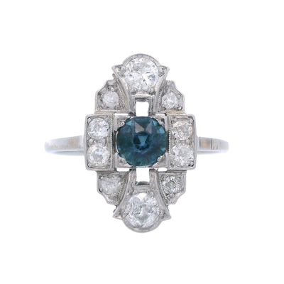 Art Deco Platinum Ring with 1.32 CTW in Blue Sapphire & Diamond