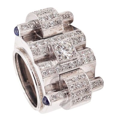 DECO RETRO 1935 Tank Cocktail Ring In 18Kt Gold With 2.54 Ctw In Diamonds Sapphires