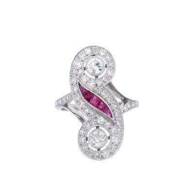 Art Deco Style Platinum Ring with 1.65 CTW in Diamond & Ruby