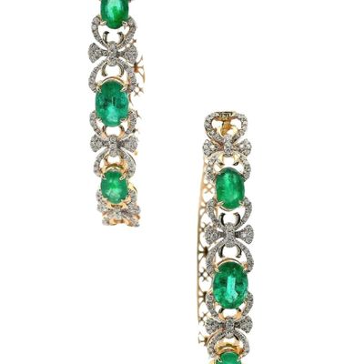 14K Yellow Gold Hoop Earrings with 4.65 CTW in Emeralds & Diamonds