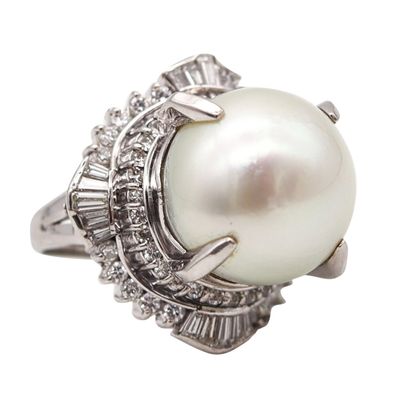 SOUTH SEAS Pearl Cocktail Ring In Platinum With 1.71 Ctw Diamonds Gia Certified