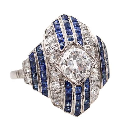 Art Deco 1930 Geometric Ring In Platinum With 3.67 Ctw In Diamonds And Sapphires