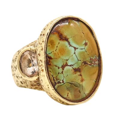 KATY BRISCOE Massive Cocktail Ring In 18Kt Yellow Gold With Turquoises & Quartzes
