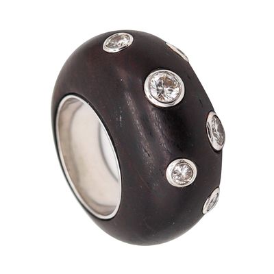 FRED LEIGHTON French Domed Wood Ring In 18Kt White Gold With VS Diamonds