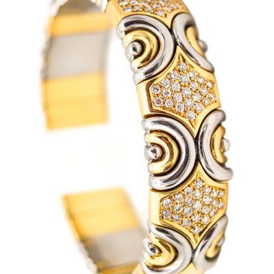 FRED Paris 1980 Bangle-Cuff Bracelet 18Kt Yellow Gold, Stainless And Diamonds