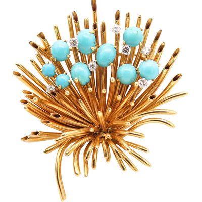ANDREW GRIMA 1963 London Turquoises Massive Brooch In 18Kt Gold With Diamonds