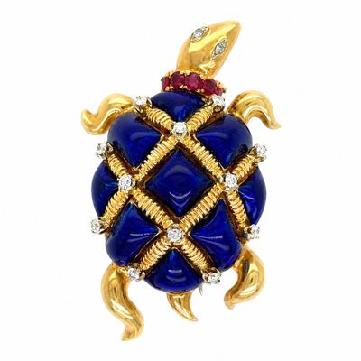 1960s 18K Yellow Gold  Enameled Turtle Brooch with Burma Ruby & Diamond