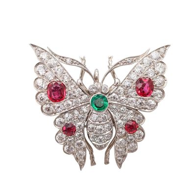 EDWARDIAN 1900 Fabulous Butterfly In 18Kt Gold With Diamonds, Rubies & Emerald