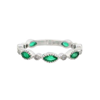14K White Gold Eternity Band Ring with Emerald & Diamonds